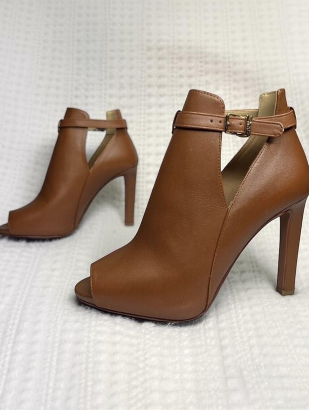 Michael Kors Lawson Leather Ankle Boot Stiletto Heel Open Toe Luggage Brown sz7